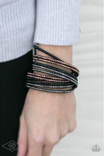 Load image into Gallery viewer, Black suede is spliced into six strands and embellished with rows of black, hematite, and metallic rhinestones brushed in a copper finish for a glitzy combination. The elongated leather band allow for a trendy double wrap design. Features an adjustable snap closure. Sold as one individual bracelet. CAN BE WORN AS A CHOKER NECKLACE AS WELL!