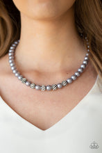 Load image into Gallery viewer, Infused with glittery rhinestone encrusted beads, a classic strand of silver pearls drapes below the collar in a timeless fashion. Features an adjustable clasp closure. Sold as one individual necklace. Includes one pair of matching earrings. Get The Complete Look! Bracelet: "POSHing Your Luck - Silver"