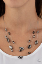 Load image into Gallery viewer, Featuring smooth and delicately hammered finishes, mismatched gunmetal beads are threaded along dainty silver wires, creating floating layers below the collar. Features an adjustable clasp closure.