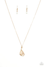 Load image into Gallery viewer, Shimmery gold bars curl around a glowing teardrop moonstone, creating an elegant heart shaped pendant below the collar. Features an adjustable clasp closure.