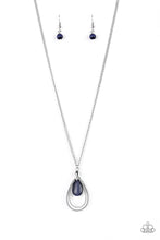 Load image into Gallery viewer, Studded silver teardrops swing from the bottom of a shimmery silver chain. A glowing blue moonstone attaches to the innermost frame, creating a whimsical pendant. Features an adjustable clasp closure.