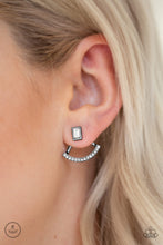 Load image into Gallery viewer, A solitaire emerald-cut rhinestone attaches to a double-sided post, designed to fasten behind the ear. Radiating with a bowing row of white rhinestones, the double sided-post peeks out beneath the ear for an edgy look. Earring attaches to a standard post fitting.
