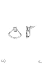 Load image into Gallery viewer, A solitaire emerald-cut rhinestone attaches to a double-sided post, designed to fasten behind the ear. Radiating with a bowing row of white rhinestones, the double sided-post peeks out beneath the ear for an edgy look. Earring attaches to a standard post fitting.