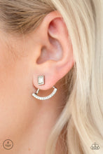 Load image into Gallery viewer, A solitaire emerald-cut rhinestone attaches to a double-sided post, designed to fasten behind the ear. Radiating with a bowing row of white rhinestones, the double sided-post peeks out beneath the ear for an edgy look. Earring attaches to a standard post fitting.