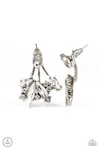 Load image into Gallery viewer, Vintage-inspired. A solitaire white marquise cut rhinestone attaches to a double-sided post, designed to fasten behind the ear. Encrusted in a collision of mismatched white rhinestones, a double-sided post peeks out beneath the ear, creating a glittery fringe. Earring attaches to a standard post fitting. Sold as one pair of jacket earrings.