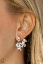 Load image into Gallery viewer, vintage earrings - A solitaire white marquise cut rhinestone attaches to a double-sided post, designed to fasten behind the ear. Encrusted in a collision of mismatched white rhinestones, a double-sided post peeks out beneath the ear, creating a glittery fringe. Earring attaches to a standard post fitting. Sold as one pair of jacket earrings.