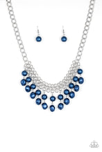 Load image into Gallery viewer, A collection of classic and imperfect blue pearls dangle from a web of interlocking silver links below the collar, adding a modern twist to the timeless palette. Features an adjustable clasp closure. Sold as one individual necklace. Includes one pair of matching earrings.
