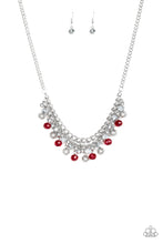 Load image into Gallery viewer, A collection of metallic net covered beads, shiny silver beads, and glittery red and metallic flecked crystal-like beads swing from the bottom of interlocking silver chains, creating a refined fringe below the collar. Features an adjustable clasp closure. Sold as one individual necklace. Includes one pair of matching earrings.