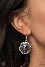 Load image into Gallery viewer, Gradually increasing in size, dramatically oversized smoky gems are pressed into the centers of hammered and silver studded frames. The blinding frames link below the collar for a glamorous, statement-making finish. Features an adjustable clasp closure. Sold as one individual necklace. Includes one pair of matching earrings