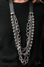 Load image into Gallery viewer, Attached to two strips of black leather, strands of bedazzled white rhinestone encrusted silver beads drape between an exaggerated display of mismatched silver and gunmetal chains down the chest. With its edgy sparkle, grunge meets glamour in this heart-stopping statement-maker. Features an adjustable clasp closure.