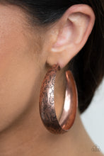 Load image into Gallery viewer, Delicately hammered in studded-like patterns, an oversized antiqued copper hoop boldly curls around the ear for a whimsically rustic look. Earring attaches to a standard post fitting. Hoop measures approximately 2" in diameter.
