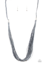 Load image into Gallery viewer, Speckled with dainty silver and gunmetal beads, rows of gray twine-like cording are knotted in place below two silver fittings that attach to a braided row of matching cording. The earthy display drapes across the chest for an artisan inspired look. Features an adjustable clasp closure