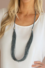 Load image into Gallery viewer, Speckled with dainty silver and gunmetal beads, rows of gray twine-like cording are knotted in place below two silver fittings that attach to a braided row of matching cording. The earthy display drapes across the chest for an artisan inspired look. Features an adjustable clasp closure