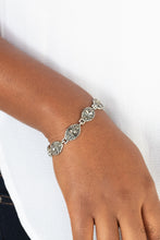 Load image into Gallery viewer, Featuring smoky marquise rhinestone centers, silver studded floral frames are dotted in dainty hematite rhinestones as they link around the wrist for a regal flair. Features an adjustable clasp closure.