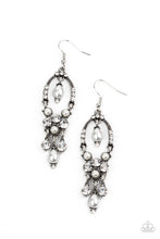 Load image into Gallery viewer, Back In The Spotlight - White - Glittery white rhinestones and pearly white beaded fittings delicately swing from the bottom of an ornately embellished oval frame. A matching pearly frame dangles from the top of the decorative silver frame, adding a timeless movement to the sparkly display. Earring attaches to a standard fishhook fitting.
