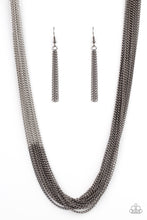 Load image into Gallery viewer, Sections of glistening gunmetal chains collide with shimmery silver chains below the collar, linking into dramatic layers for an edgy effect. Features an adjustable clasp closure.