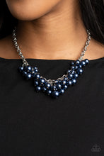 Load image into Gallery viewer, A bubbly collection of classic and oversized blue pearls swing from the bottom of a bold silver chain, creating a dramatic fringe below the collar. Features an adjustable clasp closure.