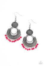 Load image into Gallery viewer, Dainty pink beads dangle from the bottom of a decorative silver crescent plate that links to the bottom of an ornately embossed silver disc, creating a colorful fringe. Earring attaches to a standard fishhook fitting.