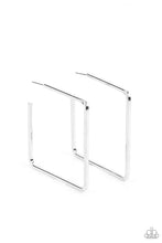 Load image into Gallery viewer, A deceptively simple square frame is tilted on point to create a geometric hoop. Its sharp angles are complemented by its shiny silver finish, making a lasting impression. Earring attaches to a standard post fitting. Hoop measures approximately 2" in diameter. Sold as one pair of hoop earrings by Paparazzi.