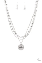 Load image into Gallery viewer, Promoted to Grandma - Silver - Paparazzi - Infused with a strand of metallic flecked hematite crystal-like beads, two dainty rows of mismatched silver chains delicately layer below the collar. Stamped in the word, "Grandma," a shiny silver disc swings from the lowest chain, creating a loving pendant.