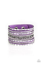 Load image into Gallery viewer, White emerald-cut rhinestones, smoky round rhinestones, and metallic prism-shaped rhinestones are sprinkled along strands of vivacious purple suede. Shimmery silver chain is added to the mix for a sassy industrial finish. Features an adjustable snap closure.
