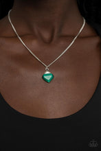 Load image into Gallery viewer, Gracefully Gemstone - Green - Paparazzi - A silver triangle frame tops a triangular cut green cat's eye stone pendant at the bottom of a dainty silver chain, resulting in a graceful gemstone pendant below the collar.