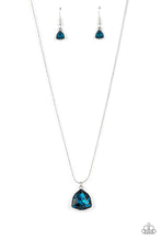 Load image into Gallery viewer, Galactic Duchess - Blue - Paparazzi - A faceted asymmetrical blue gem is encased in a sleek silver frame at the bottom of a silver popcorn chain, creating a stellar pendant below the collar.