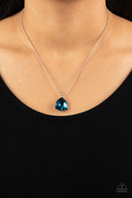 Load image into Gallery viewer, Galactic Duchess - Blue - Paparazzi - A faceted asymmetrical blue gem is encased in a sleek silver frame at the bottom of a silver popcorn chain, creating a stellar pendant below the collar.
