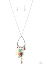 Load image into Gallery viewer, Listen to Your Soul - Green - Paparazzi - Infused with a multicolored collection of natural stone beads and pebbles, stacks of textured silver charms and mismatched wooden beads create earthy tassels at the bottom of a silver beaded teardrop frame. Enhanced with a shiny white threaded tassel, the whimsical fringe swings from the bottom of an extended silver chain.