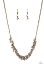 Load image into Gallery viewer, Paparazzi - Let There Be TWILIGHT & Twinkly Twilight - Brass 2-Piece SET - Necklace: Let There Be TWILIGHT - Brass - Dainty brassy tone-on-tone iridescent beads swing from doubled brass chains, creating a clustered fringe below the collar. Features an adjustable clasp closure. Includes a pair of matching earring