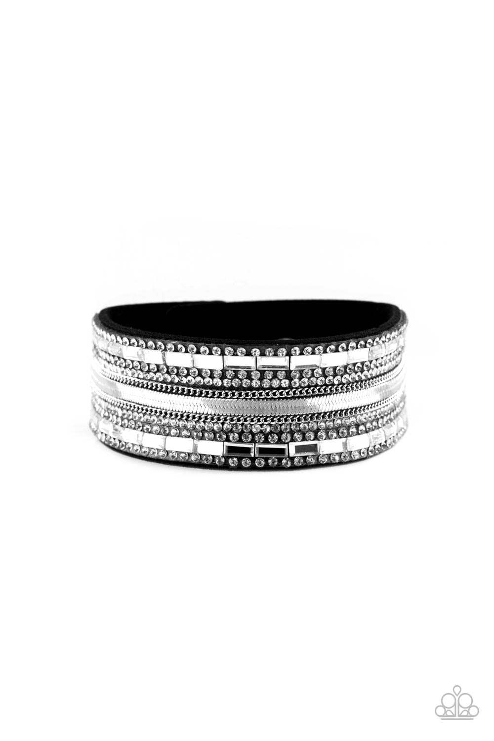 Mismatched silver chains, glassy emerald-cut, and glittery white rhinestones are encrusted along a thick black suede band for a sassy look. Features an adjustable snap closure.