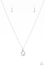 Load image into Gallery viewer, A dainty blue blossom, glittery white rhinestone, and opal rhinestones are nestled inside an ornate silver teardrop, creating a whimsical pendant below the collar. Features an adjustable clasp closure.  Sold as one individual necklace. Includes one pair of matching earrings.
