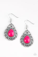 Load image into Gallery viewer, A pink teardrop bead is pressed into a shimmery silver frame radiating with whimsical filigree and studded patterns. Earring attaches to a standard fishhook fitting.
