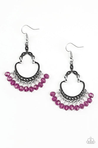 Faceted purple beads swing from the bottom of a studded silver frame, creating a whimsical lure. Earring attaches to a standard fishhook fitting.