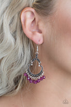 Load image into Gallery viewer, Faceted purple beads swing from the bottom of a studded silver frame, creating a whimsical lure. Earring attaches to a standard fishhook fitting.
