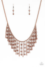 Load image into Gallery viewer, Strands of faceted copper beads and glistening copper chains stream from a matching copper chain, creating an edgy fringe below the collar. Features an adjustable clasp closure.  Sold as one individual necklace. Includes one pair of matching earrings.
