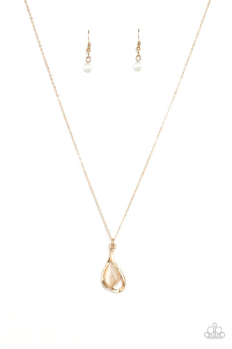 Shimmery gold bars curl around a glowing teardrop moonstone, creating an elegant heart shaped pendant below the collar. Features an adjustable clasp closure.