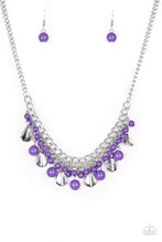 Load image into Gallery viewer, Vivacious purple beads and curved silver teardrops swing from the bottom of interlocking silver chains, creating a flirtatious fringe below the collar. Features an adjustable clasp closure.  Sold as one individual necklace. Includes one pair of matching earrings.
