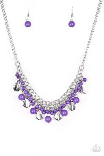 Vivacious purple beads and curved silver teardrops swing from the bottom of interlocking silver chains, creating a flirtatious fringe below the collar. Features an adjustable clasp closure.  Sold as one individual necklace. Includes one pair of matching earrings.