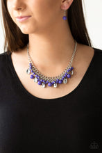 Load image into Gallery viewer, Vivacious purple beads and curved silver teardrops swing from the bottom of interlocking silver chains, creating a flirtatious fringe below the collar. Features an adjustable clasp closure.  Sold as one individual necklace. Includes one pair of matching earrings.

