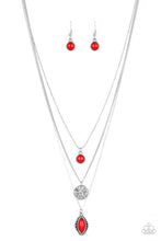Load image into Gallery viewer, Three mismatched silver chains layer below the collar. A round red bead swings from the uppermost chain, above a scratched silver disc, and marquise-shaped red bead for a colorfully layered look. Features an adjustable clasp closure.  Sold as one individual necklace. Includes one pair of matching earrings.
