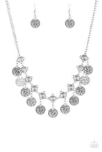 Load image into Gallery viewer, Coin-like discs swing from the bottoms of ornate silver frames, creating a boisterous fringe below the collar. Features an adjustable clasp closure.  Sold as one individual necklace. Includes one pair of matching earrings.

