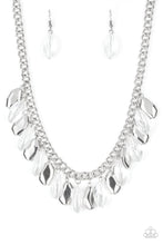 Load image into Gallery viewer, Faceted translucent beads and imperfect silver teardrops drip from the bottom of a shimmery silver chain, creating a sassy fringe below the collar. Features an adjustable clasp closure.
