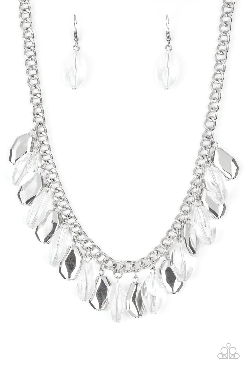 Faceted translucent beads and imperfect silver teardrops drip from the bottom of a shimmery silver chain, creating a sassy fringe below the collar. Features an adjustable clasp closure.
