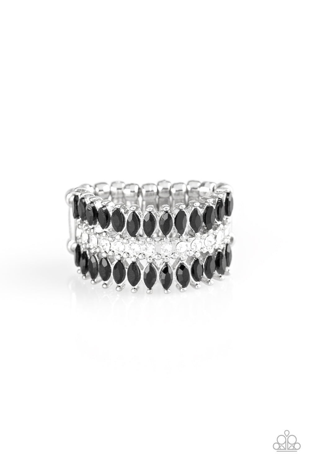Featuring refined marquise cuts, glittery black rhinestones flare from a center of glassy white rhinestones, creating a regal band across the finger. Features a stretchy band for a flexible fit.