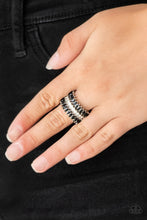 Load image into Gallery viewer, Featuring refined marquise cuts, glittery black rhinestones flare from a center of glassy white rhinestones, creating a regal band across the finger. Features a stretchy band for a flexible fit.
