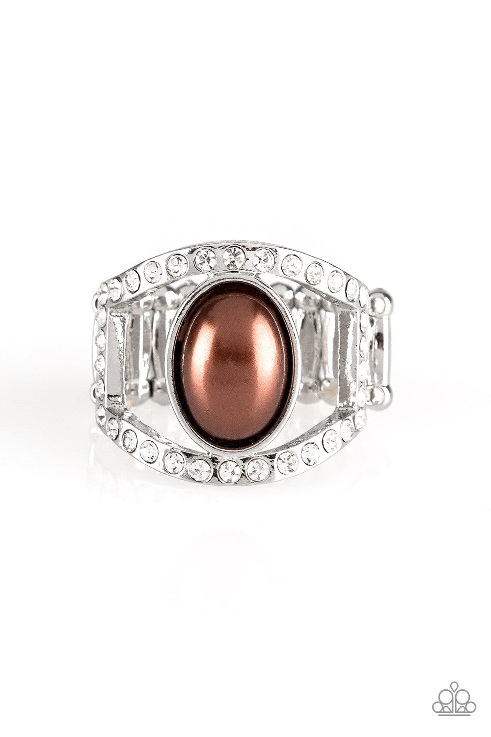 A pearly brown bead sits between two white rhinestone encrusted bands, creating the illusion of a floating centerpiece. Features a stretchy band for a flexible fit.  Sold as one individual ring by Paparazzi.