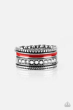 Load image into Gallery viewer, A shiny red strip of color runs along the bottom of a row of glassy white rhinestones. Infused with silver textures, the mismatched details coalesce into one thick band across the finger. Features a stretchy band for a flexible fit.
