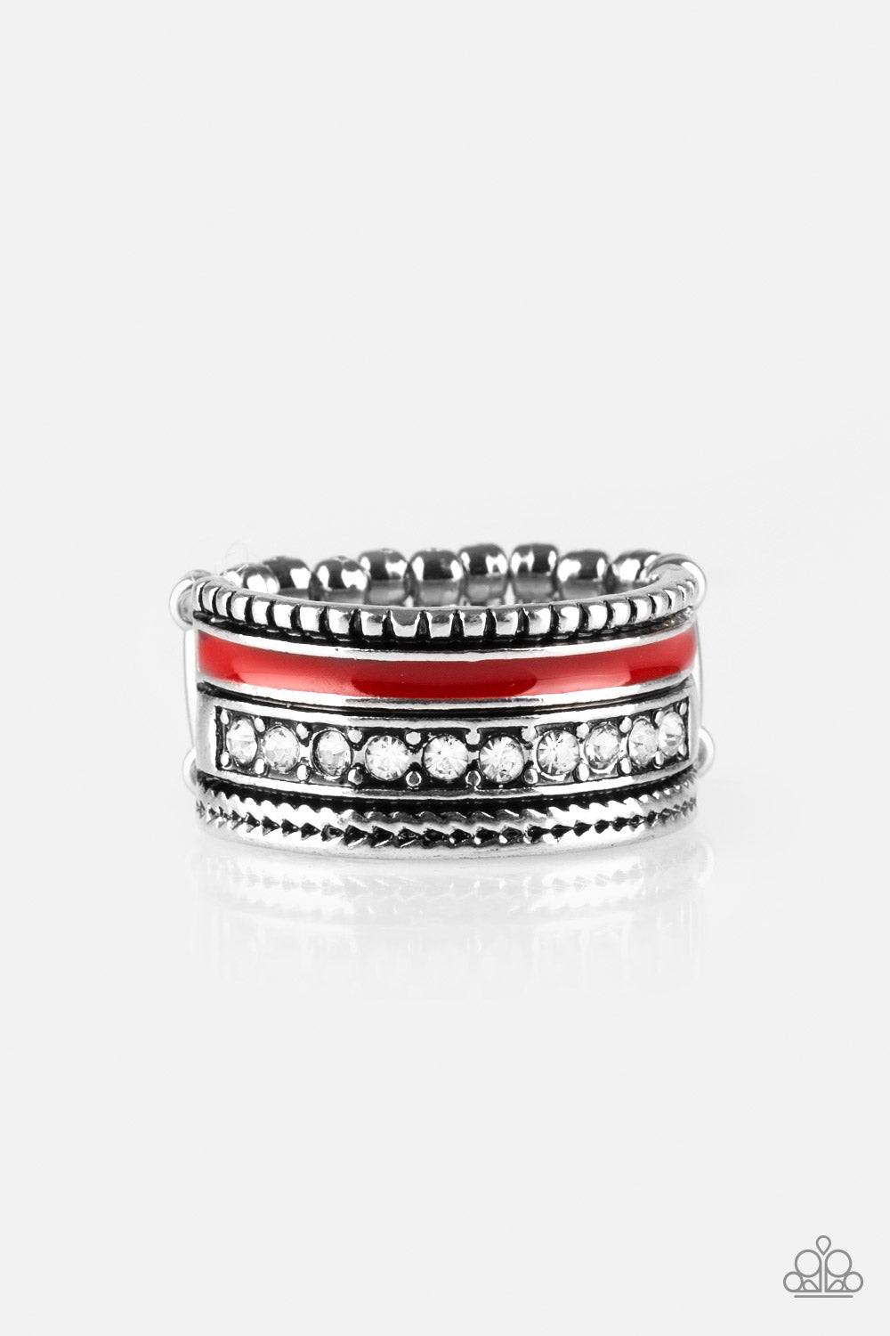A shiny red strip of color runs along the bottom of a row of glassy white rhinestones. Infused with silver textures, the mismatched details coalesce into one thick band across the finger. Features a stretchy band for a flexible fit.