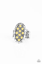 Load image into Gallery viewer, Dainty yellow stones are sprinkled across the front of a studded silver frame, creating a refreshing centerpiece atop the finger. Features a stretchy band for a flexible fit.
